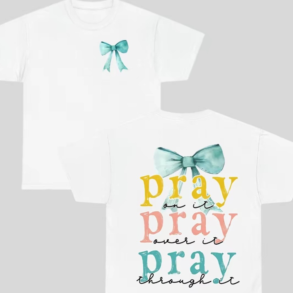 Women  White T-Shirt with Teal Bow Design